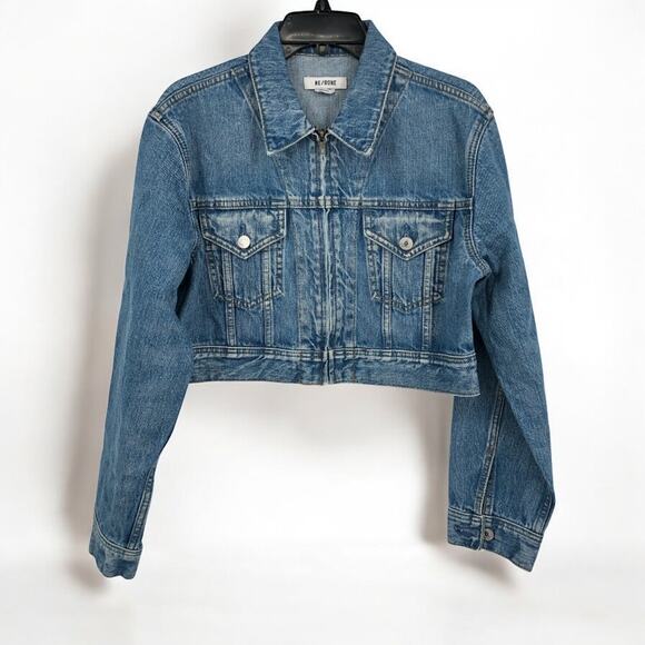 RE/DONE Women's Zip-Up Cropped Denim Jacket Small Blue Straight Hem Collar NWT - Picture 1 of 11